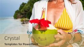  Presentation with coconut - PPT theme consisting of woman-holding-coconut-on-tropical background and a yellow colored foreground