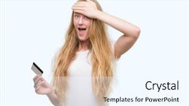  Presentation with credit card - Beautiful theme featuring woman holding credit card stress backdrop and a  colored foreground