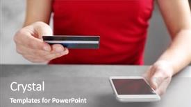  Presentation with smart card - Colorful presentation enhanced with woman holding credit card and using smart phone backdrop and a gray colored foreground
