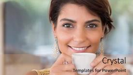  Presentation with close up of young girls - PPT layouts consisting of woman holding cup of coffee background and a coral colored foreground