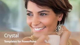  Presentation with close up of young girls - PPT theme featuring woman holding cup of coffee background and a coral colored foreground