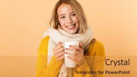  Presentation with tea cup - Colorful theme enhanced with woman holding cup of tea backdrop and a gold colored foreground