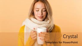  Presentation with tea cup - PPT layouts featuring woman holding cup of tea background and a gold colored foreground