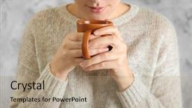  Presentation with cup of lemon tea - PPT theme having woman holding cup of tea background and a coral colored foreground