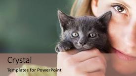  Presentation with hello kitty cute little kitten - Beautiful PPT layouts featuring woman holding cute black kitten backdrop and a coral colored foreground