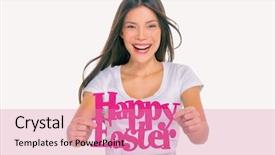  Presentation with easter season - Cool new presentation theme with woman holding cutout of title backdrop and a coral colored foreground