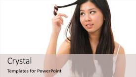  Presentation with sad woman - Cool new slides with woman holding damaged dry hair backdrop and a soft green colored foreground