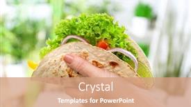  Presentation with taco - Beautiful PPT theme featuring woman holding delicious fish taco in kitchen backdrop and a coral colored foreground