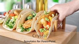  Presentation with taco - PPT layouts featuring woman holding delicious fish taco in kitchen background and a coral colored foreground