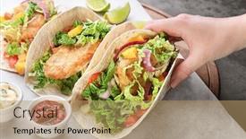  Presentation with taco - Audience pleasing PPT layouts consisting of woman holding delicious fish taco in kitchen backdrop and a coral colored foreground