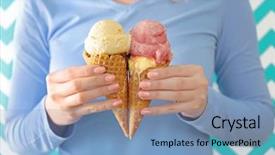  Presentation with ice cream - Colorful slide deck enhanced with woman holding delicious ice cream backdrop and a teal colored foreground