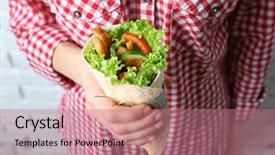  Presentation with kebab - Beautiful slide set featuring shawarma - woman holding delicious kebab roll backdrop and a coral colored foreground