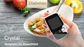  Presentation with diabetes diet - Colorful theme enhanced with woman holding digital glucometer above backdrop and a gray colored foreground