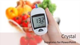  Presentation with white healthy food - PPT theme featuring woman holding digital glucometer background and a coral colored foreground