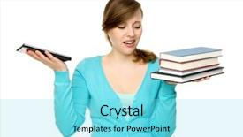  Presentation with digital books - Colorful PPT theme enhanced with ebook - woman holding digital tablet backdrop and a arctic colored foreground