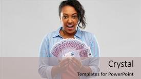  Presentation with wealth people problem - Beautiful theme featuring woman holding fan of euro backdrop and a light gray colored foreground