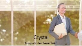  Presentation with files - Beautiful presentation theme featuring woman holding files and folders backdrop and a yellow colored foreground