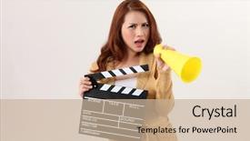  Presentation with film director - Slide set consisting of woman holding film slate background and a  colored foreground