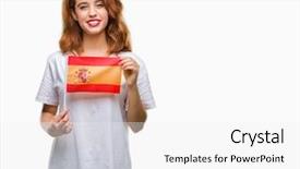  Presentation with beautiful young woman getting face - Cool new PPT theme with woman holding flag of spain backdrop and a white colored foreground