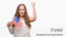  Presentation with blonde holding magnifying glass - Presentation theme consisting of woman holding flag of usa background and a  colored foreground