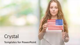 Presentation with usa flag - Presentation theme enhanced with woman holding flag of usa background and a  colored foreground
