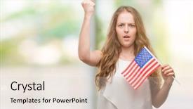  Presentation with blonde holding magnifying glass - PPT theme having woman holding flag of usa background and a  colored foreground
