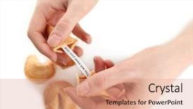  Presentation with fortune cookie - Audience pleasing PPT layouts consisting of woman holding fortune cookie isolated backdrop and a coral colored foreground