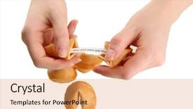  Presentation with fortune cookie - Cool new slide set with woman holding fortune cookie isolated backdrop and a coral colored foreground