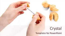  Presentation with fortune cookie - Presentation design featuring woman holding fortune cookie isolated background and a lemonade colored foreground