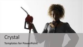  Presentation with pump - Colorful slide set enhanced with woman holding gasoline pump nozzle against white background with dramatic studio lighting backdrop and a light gray colored foreground