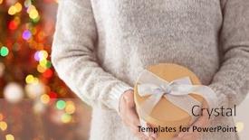  Presentation with christmas lights - Cool new PPT theme with woman holding gift box against blurred christmas lights backdrop and a coral colored foreground