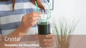  Presentation with spirulina - Audience pleasing slide set consisting of woman holding glass with spirulina drink indoors backdrop and a coral colored foreground