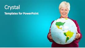  Presentation with 3d character blue globe - Slides with woman holding globe on blue background and a teal colored foreground