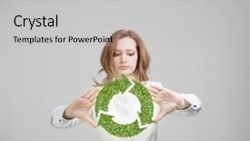  Presentation with hands holding - PPT layouts with woman holding green recycle symbol background and a light gray colored foreground
