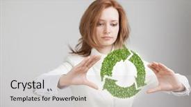  Presentation with recycle glass waste for recycling - Beautiful PPT layouts featuring woman holding green recycle symbol backdrop and a light gray colored foreground