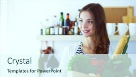  Presentation with grocery bag - PPT theme enhanced with woman holding grocery shopping bag background and a cool aqua colored foreground