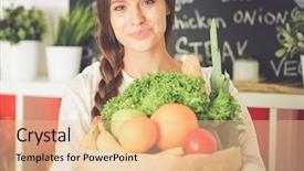  Presentation with grocery bag - Beautiful presentation theme featuring woman holding grocery shopping bag backdrop and a lemonade colored foreground