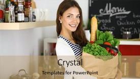  Presentation with grocery bag - Theme consisting of bio food - young woman holding grocery shopping background and a coral colored foreground