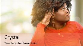  Presentation with listening woman - PPT theme having woman holding hand near ear background and a coral colored foreground