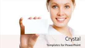  Presentation with business card - Audience pleasing PPT layouts consisting of woman holding her visiting card backdrop and a lemonade colored foreground