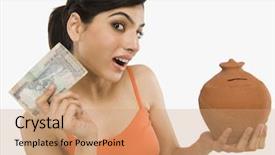  Presentation with reserve bank of india - Amazing PPT layouts having woman holding indian currency notes backdrop and a coral colored foreground