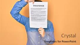  Presentation with cutout paper people standing around globe holding hands - Cool new presentation design with woman-holding-insurance-document-paper backdrop and a coral colored foreground