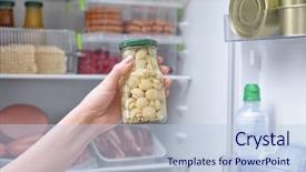  Presentation with refrigerator - Colorful slide deck enhanced with woman holding jar of mushrooms backdrop and a lemonade colored foreground