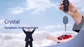  Presentation with car key - Colorful PPT theme enhanced with woman holding key and small car against cloudy sky backdrop and a sky blue colored foreground