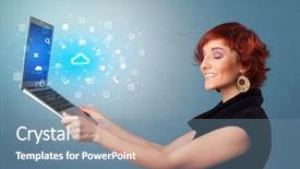  Presentation with information technology cloud - Audience pleasing presentation theme consisting of woman holding laptop projecting notifications backdrop and a seafoam green colored foreground