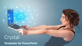  Presentation with information technology cloud - Cool new presentation design with woman holding laptop projecting notifications symbols and information based on cloud technology system backdrop and a seafoam green colored foreground