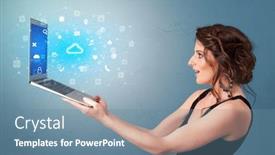  Presentation with information technology cloud - PPT theme featuring woman-holding-laptop-projecting-notifications background and a seafoam green colored foreground
