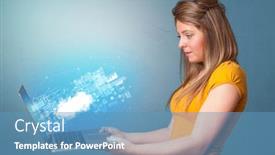  Presentation with information technology cloud - PPT theme with woman-holding-laptop-projecting-notifications background and a teal colored foreground
