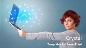  Presentation with information technology cloud - Theme enhanced with woman-holding-laptop-projecting-notifications background and a seafoam green colored foreground