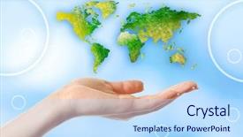  Presentation with woman world - Amazing slide deck having woman holding map of world backdrop and a sky blue colored foreground